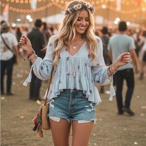 Zara Blue & Red Embroidered Gauze Top